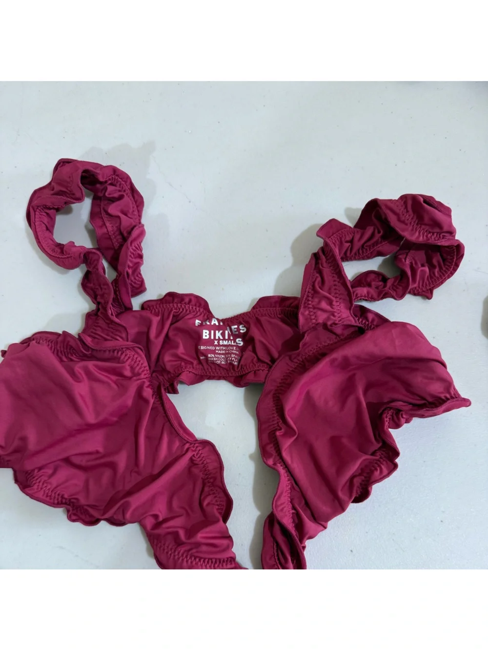 Frankie's Bikinis Burgundy Ruffled Tie-Front Bikini Top